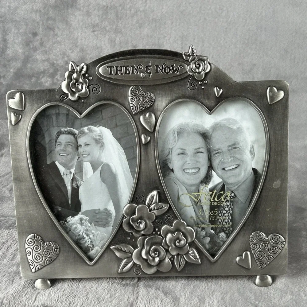 Fetco Then & Now Picture Frame Metal Heart Flower Anniversary Holds (2) 3.5x5 in